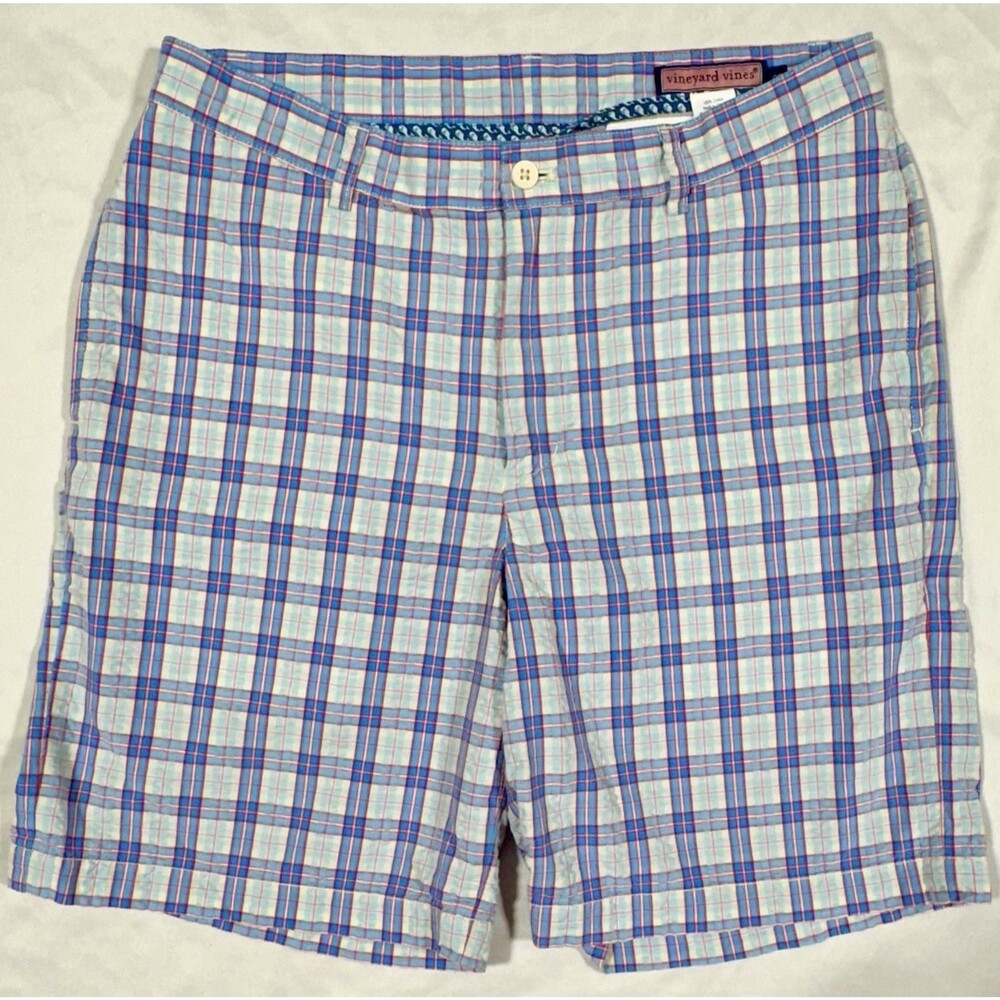 Vineyard Vines Men’s Blue Red White Plaid Seersucker Bermuda Shorts 9in